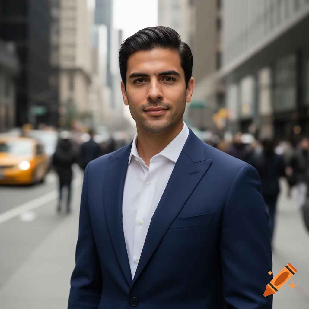 A distinguished man in a dark blue suit and white shirt stands on a city street with blurred buildings and a yellow cab.