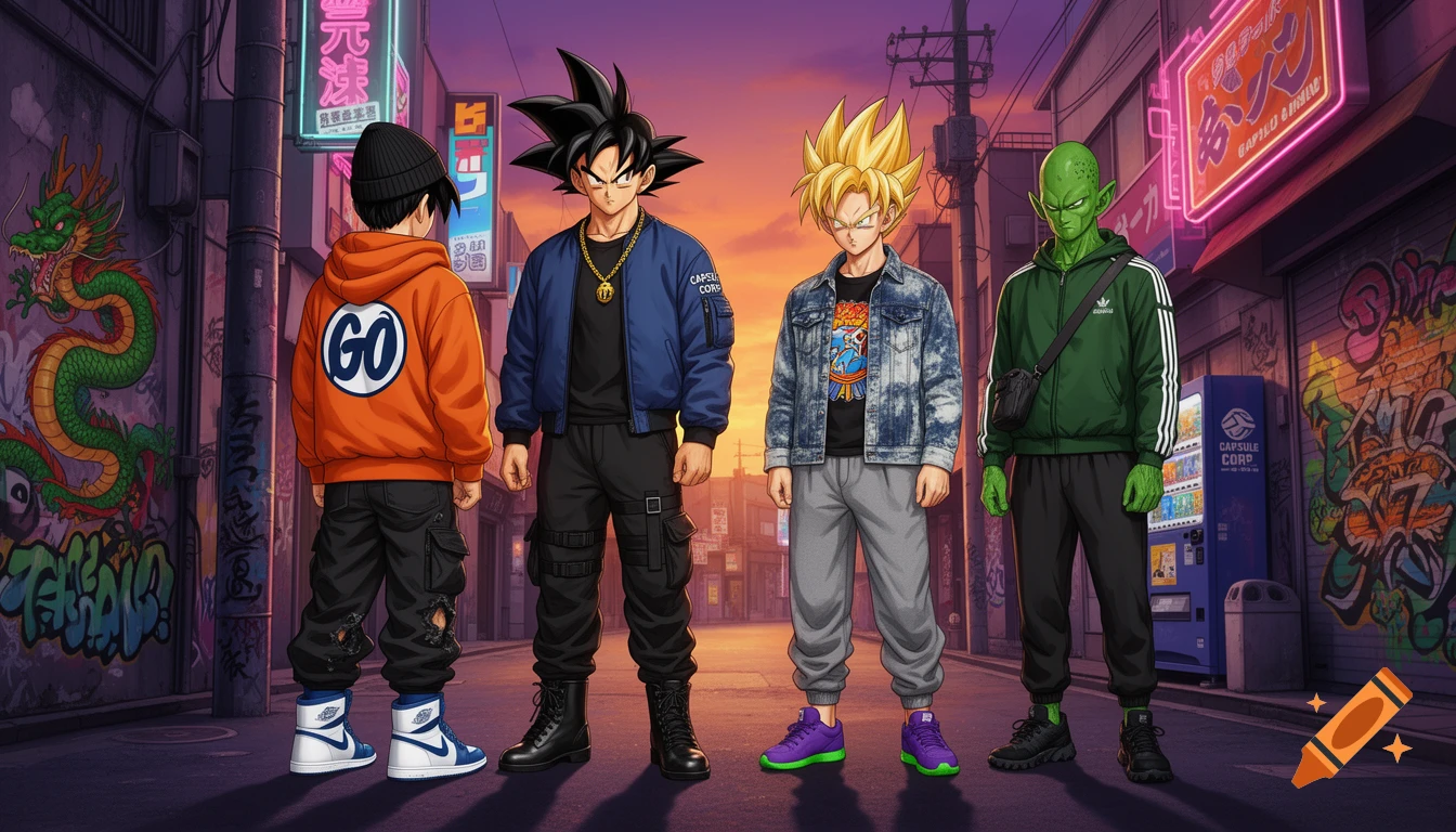 Dragon Ball Z characters Goku, Gohan, Trunks, and Piccolo in stylish streetwear, standing in a Tokyo alley at sunset with neon signs and graffiti.