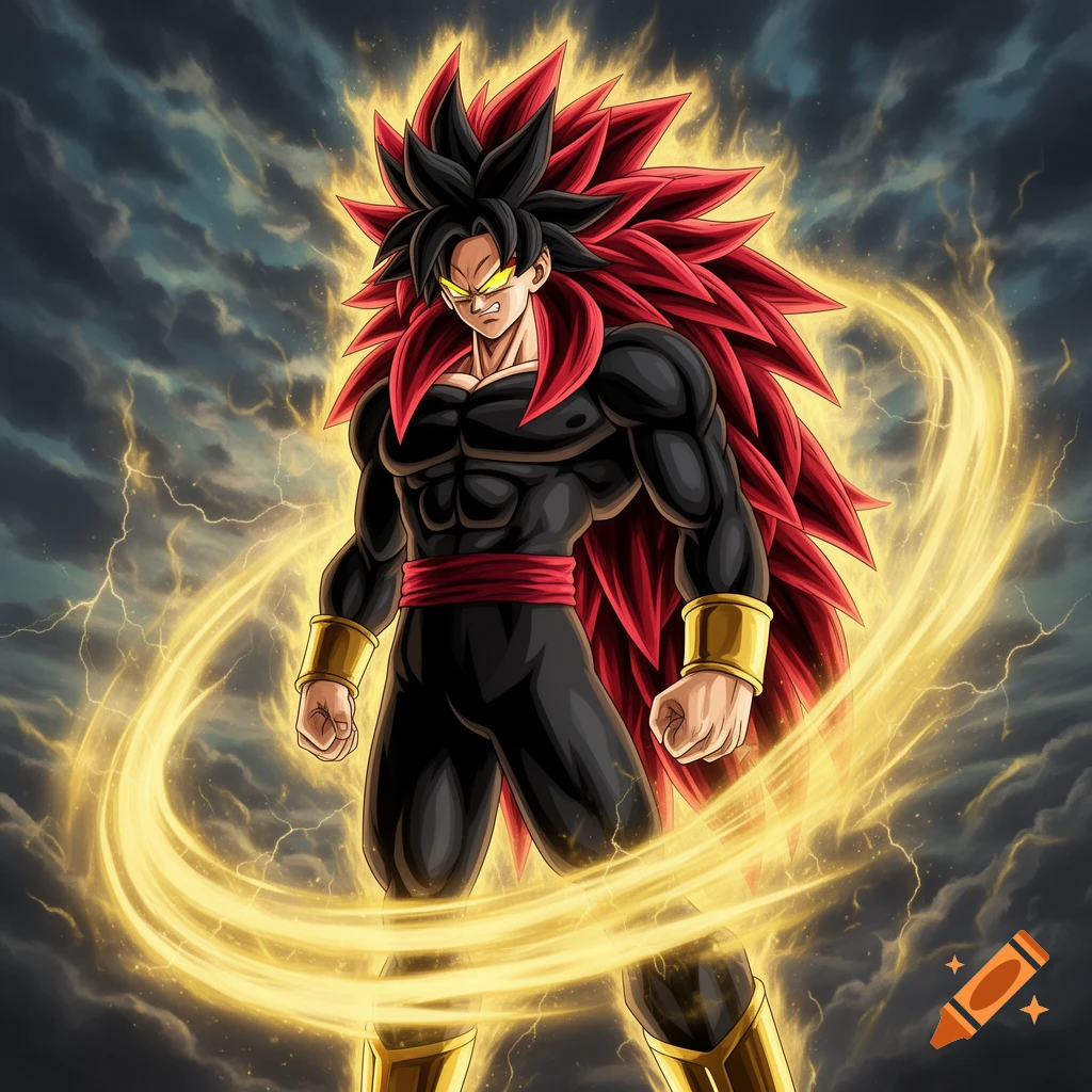 Powerful anime character with spiky black hair and long red fur in a ...