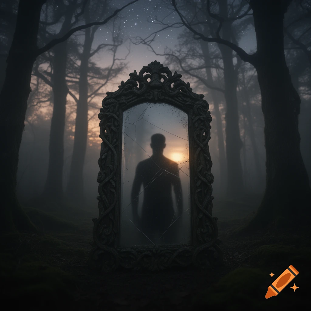 Silhouette of a man in a broken ornate mirror in a dark, foggy forest with a twilight sky and stars.