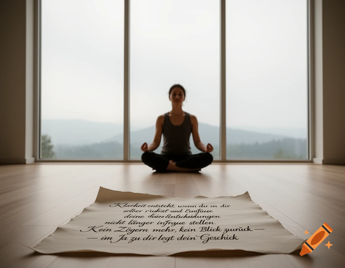 Woman meditates in a light-filled room with a mountain view, a scroll of German text on the wooden floor.