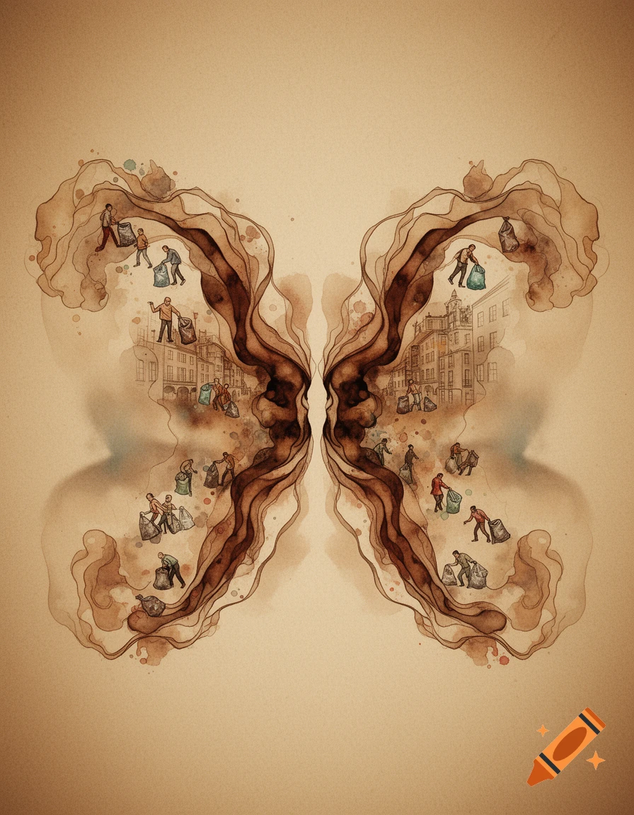A sepia-toned watercolor inkblot resembling a butterfly, with small figures collecting trash among city buildings within its symmetrical wings.