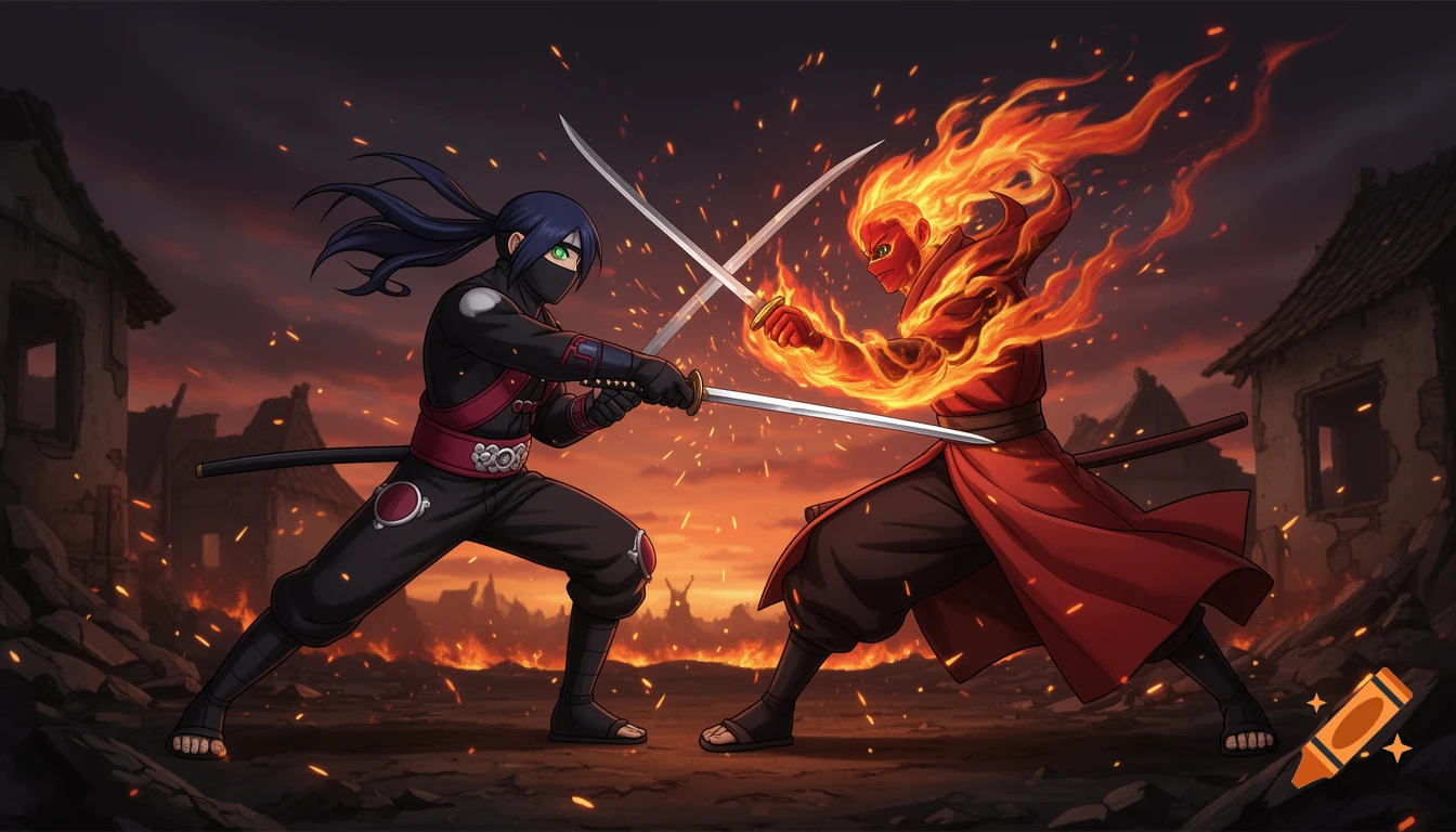 Anime-style ninja with katana fighting a fire-covered warrior in a burning village.
