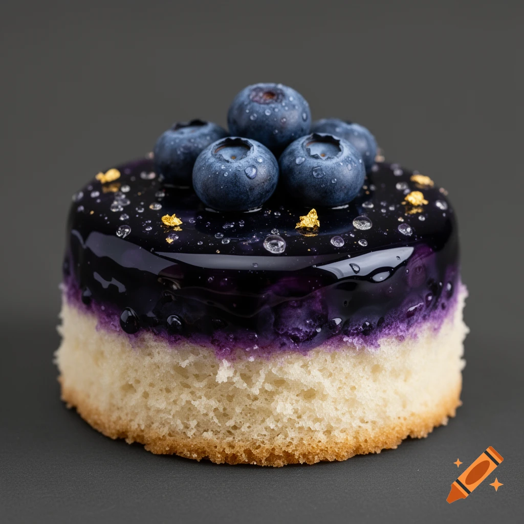 A small blueberry dessert featuring a light sponge cake base, a vibrant purple berry filling, a glossy dark blue glaze, fresh blueberries, delicate water droplets, and gold flakes, set against a dark gray background.