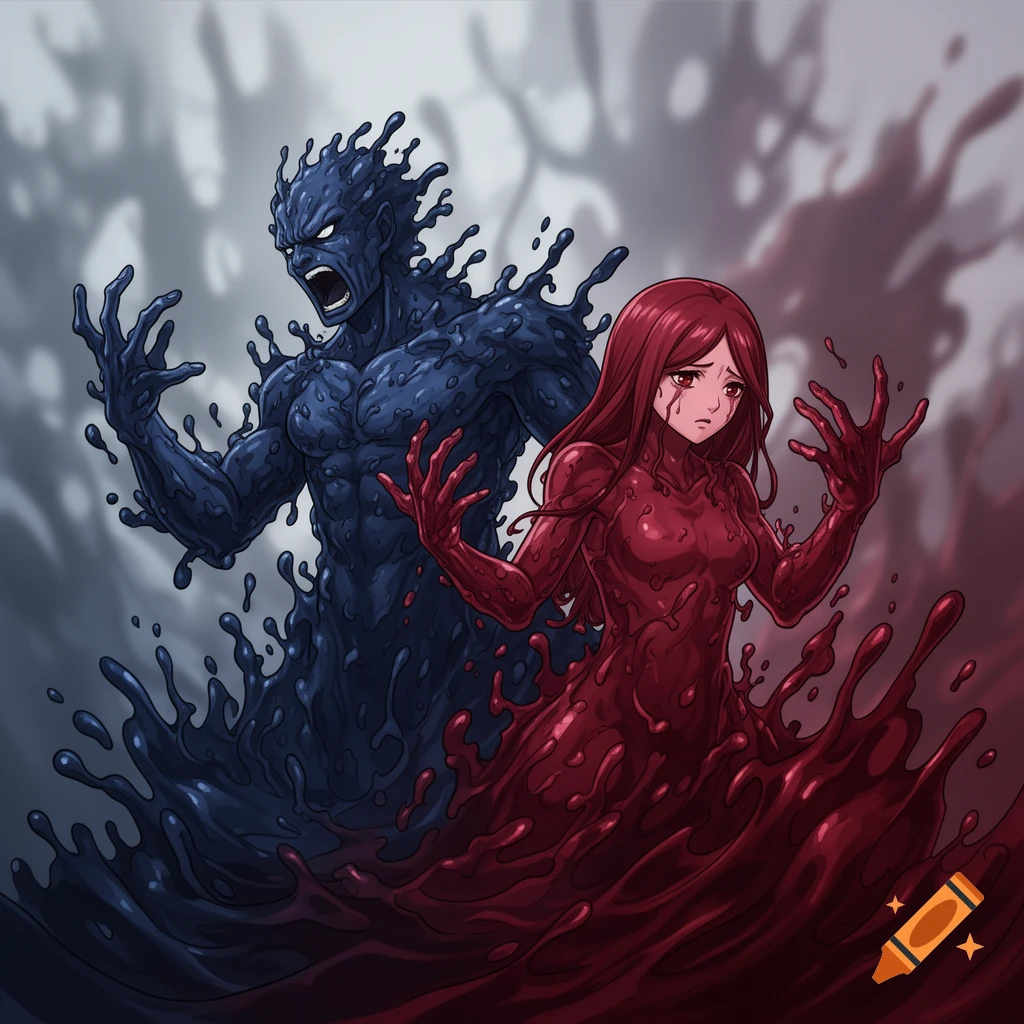 Anime-style illustration of a raging masculine figure made of dark blue slime and a grieving feminine figure made of dark red slime.