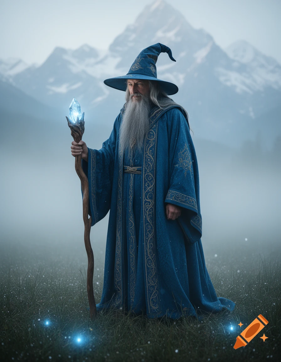 An old wizard with a long white beard in a blue robe and pointed hat ...