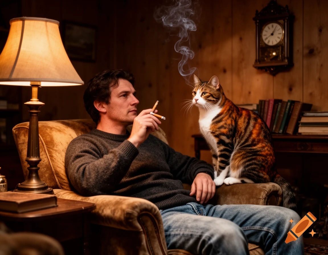 A man in a cozy sweater relaxes in an armchair, holding two cigarettes as a cat sits beside him, smoke curling upwards in a warm-toned room.