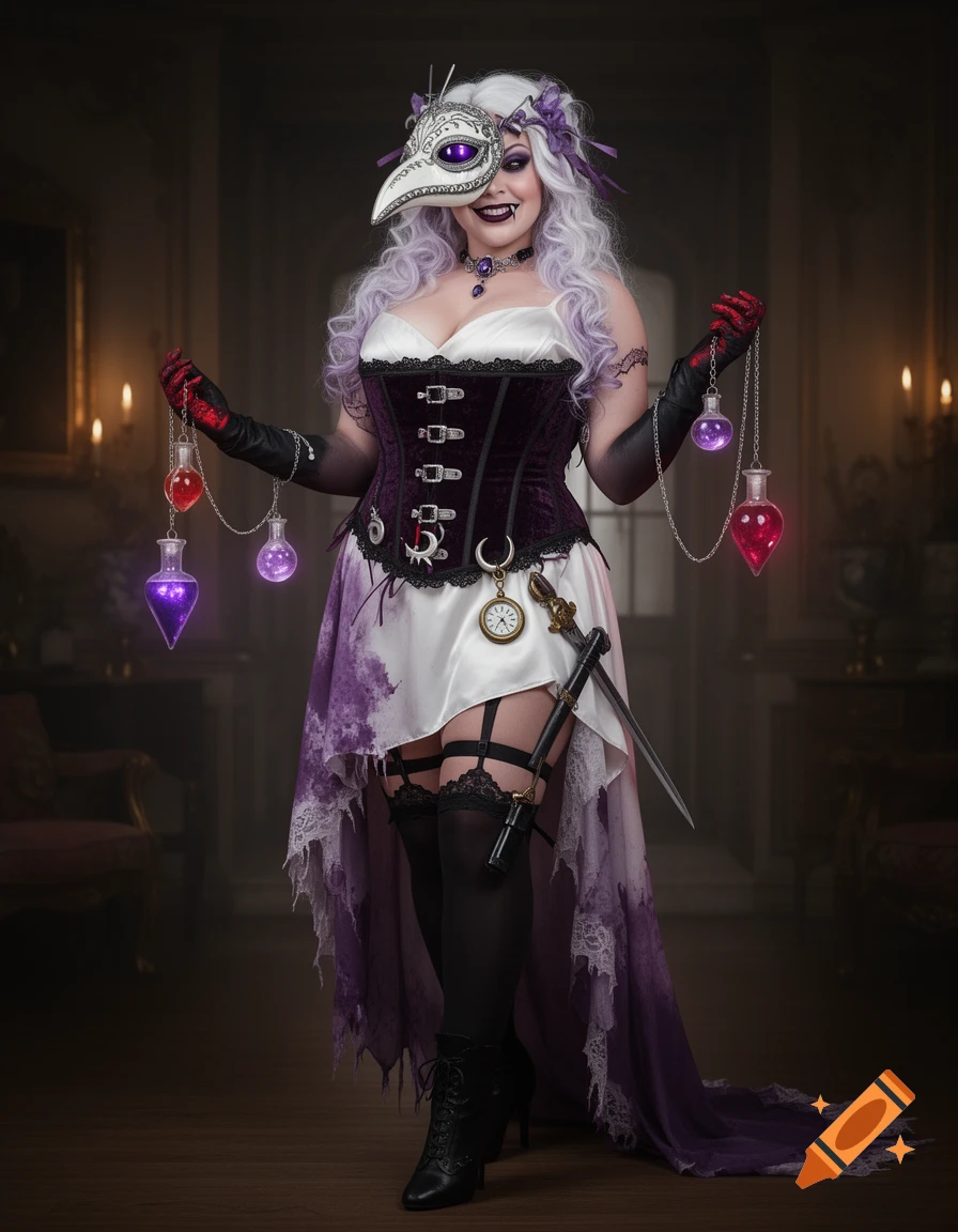 A woman in a gothic plague doctor witch costume with a bird mask, purple corset, and flowing white and purple dress, holding glowing potion vials in an elegant, dark room.
