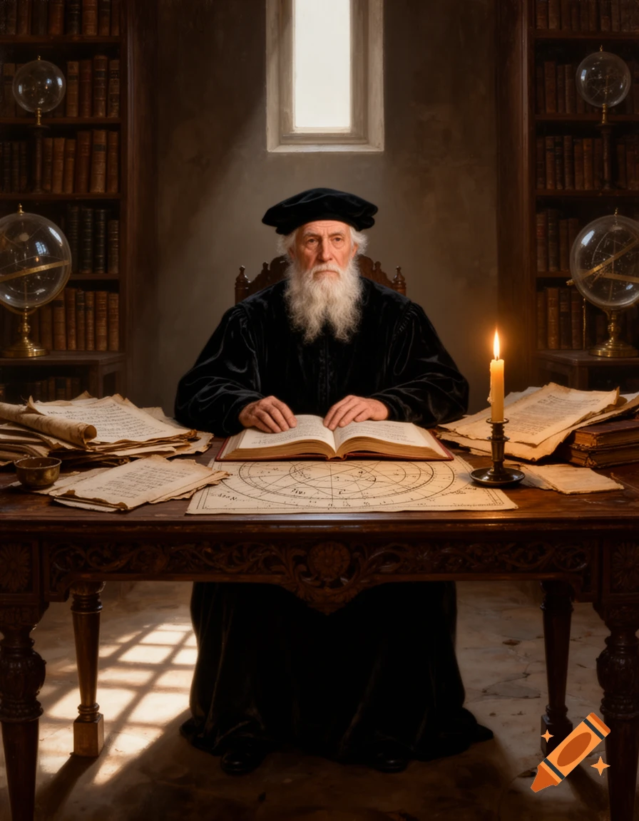 An old, white-bearded scholar in black robes sits at a wooden desk with an open book, papers, and a lit candle, flanked by bookshelves.