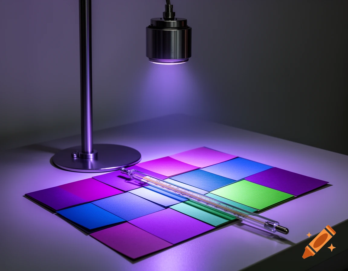 A lamp casts a purple light onto a grid of vibrant color swatches and a thermometer on a white surface, resembling an experimental setup.
