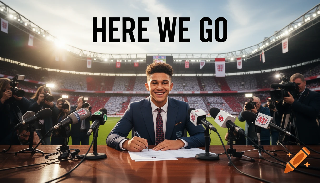 A smiling young football player in a suit signs a contract at a press conference in a stadium, with "HERE WE GO" text above.