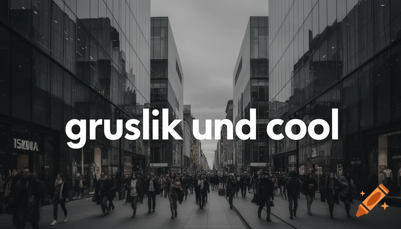 Desaturated street scene with people walking between modern glass buildings, overlaid with white text 'gruslik und cool'.