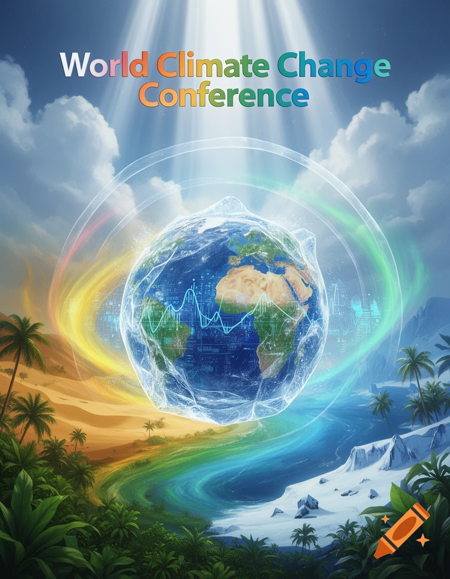 A vibrant poster for the World Climate Change Conference, featuring a glowing globe encircled by environmental elements like deserts, oceans, and snow.