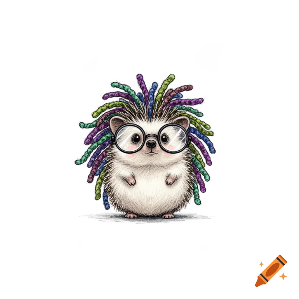 Simple drawing of a cute hedgehog wearing round glasses and colorful dreadlocks.