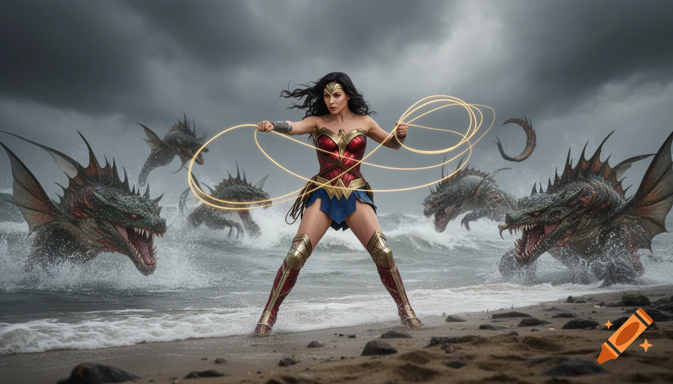 Photorealistic Wonder Woman fighting large, toothy sea monsters in the ocean at a sandy beach under a stormy sky.