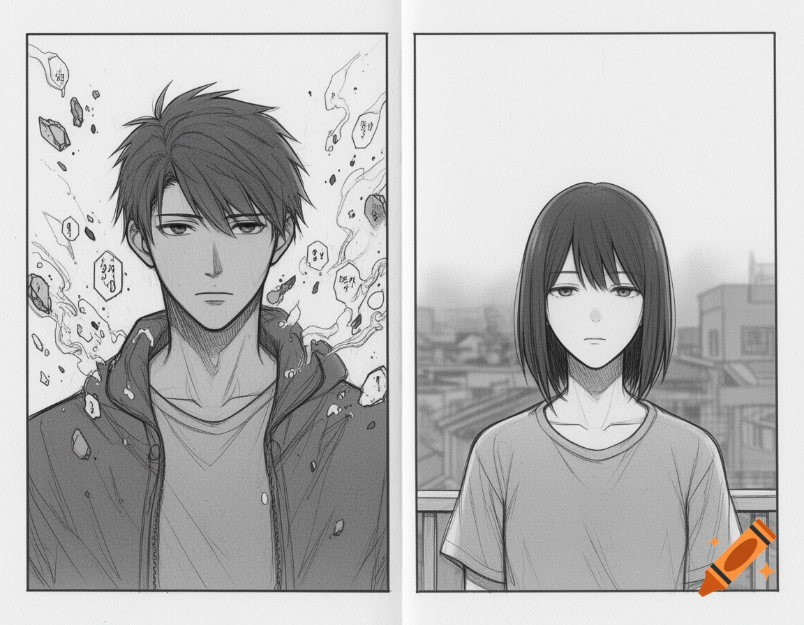 A two-panel manga page with a serious man surrounded by distorted ink fragments on the left, and a calm woman against an urban background on the right, in a black and white sketch style.