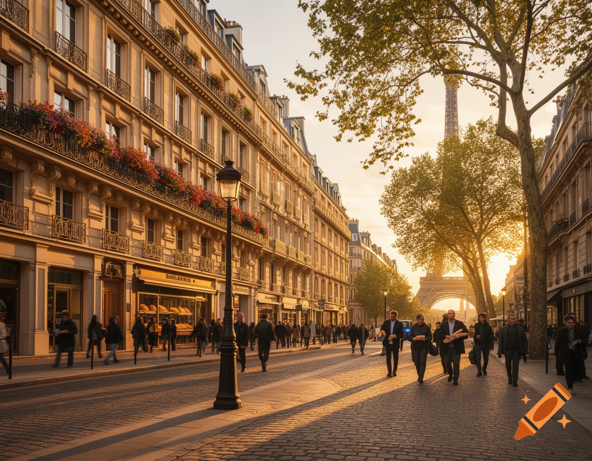 Golden hour view of a bustling Parisian street with people walking, historic buildings, and the Eiffel Tower in the distance.