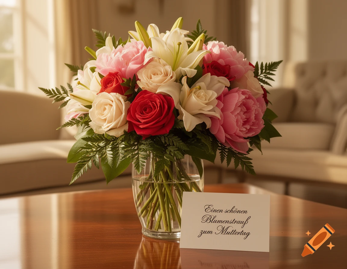 A vibrant photorealistic bouquet of red, pink, and white flowers in a vase on a wooden table, with a Mother's Day card.