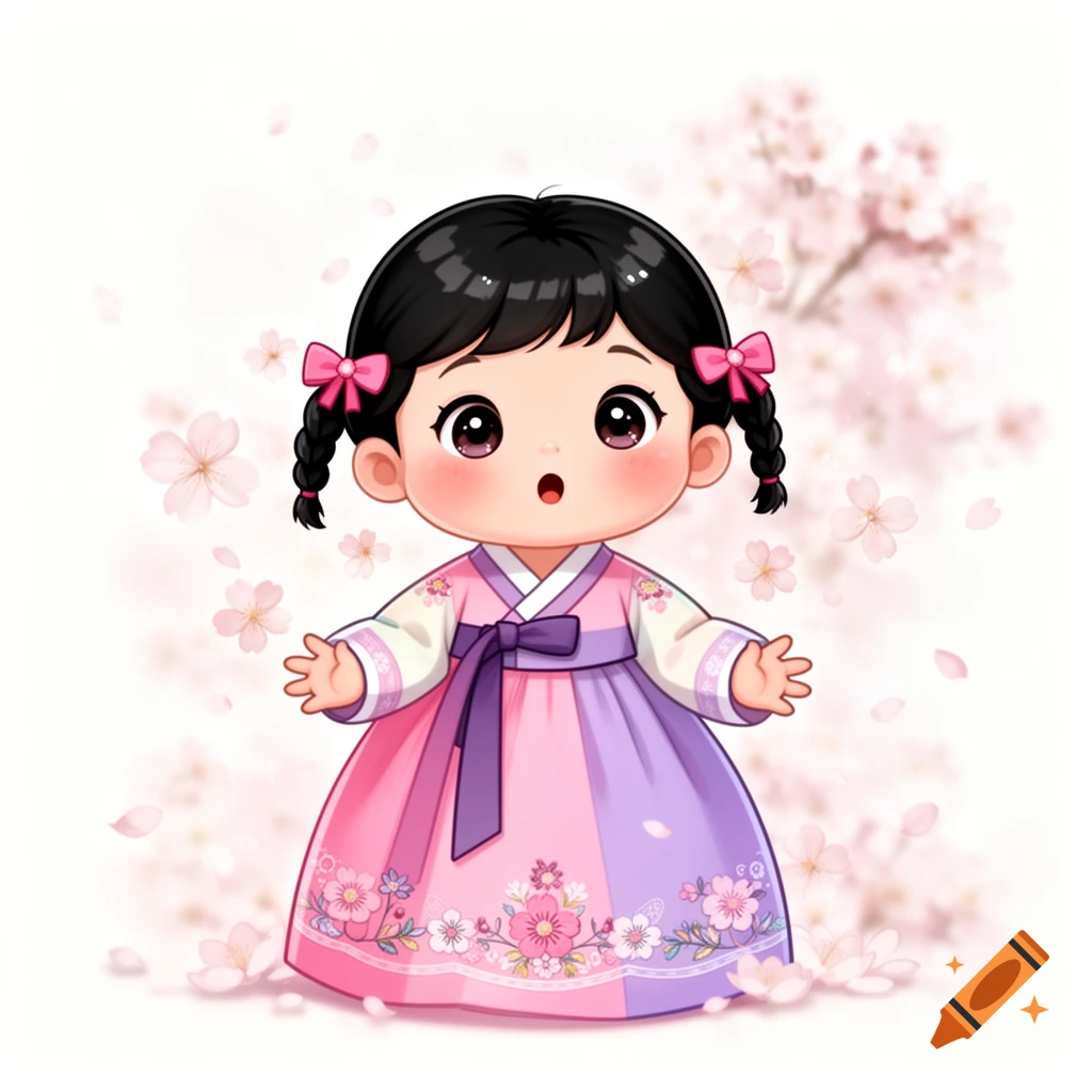 A cute cartoon Korean baby girl with black pigtails in a pink and purple hanbok, surrounded by cherry blossoms.