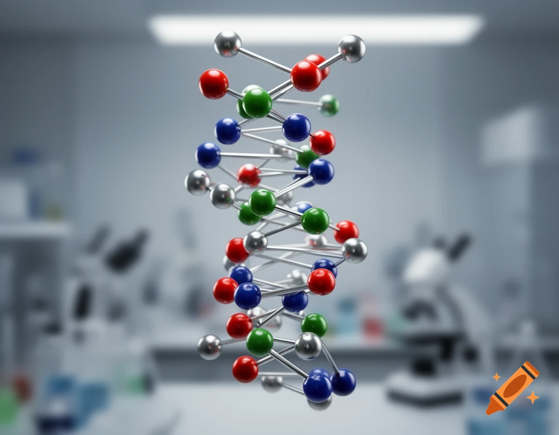 A detailed 3D render of a colorful DNA double helix molecule in a blurred science laboratory.