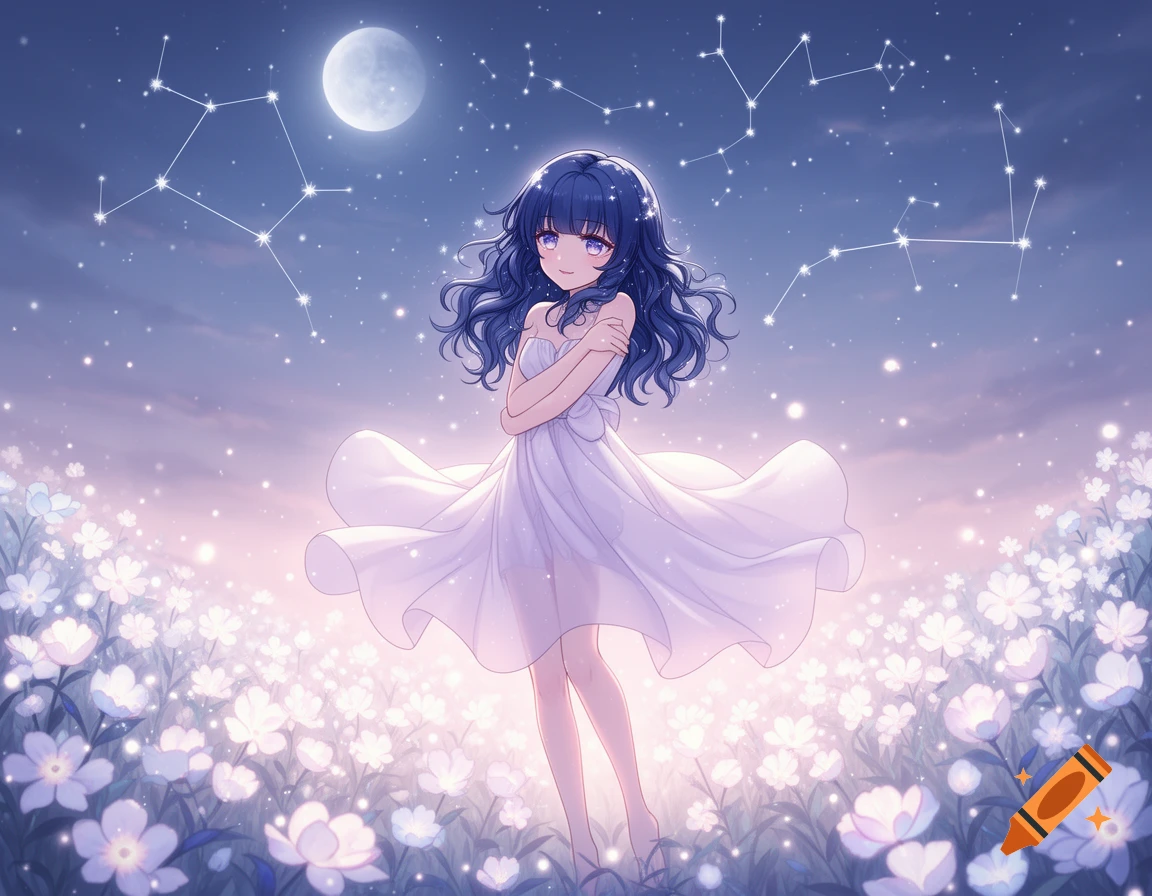Anime girl with blue hair in a white dress stands in a field of glowing flowers under a full moon and starry sky with constellations.