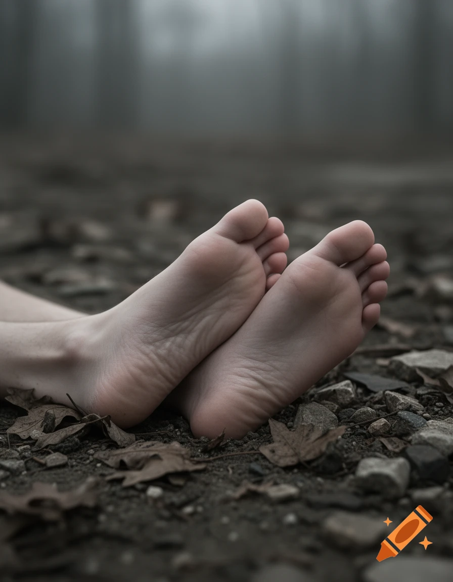 Close-up of bare feet resting on dark, rocky ground with scattered dry leaves and a misty, blurry forest in the background.