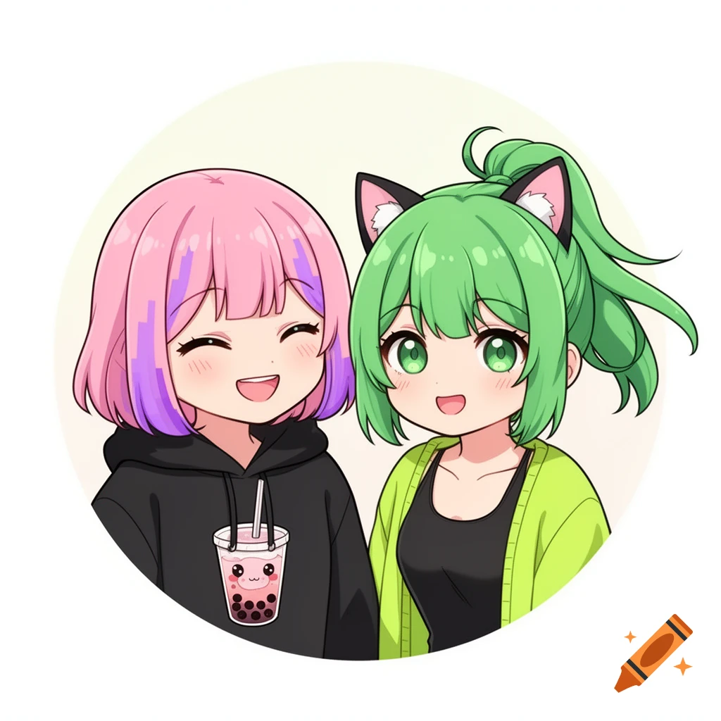 Two smiling chibi anime girls. One has pink and purple hair and a boba tea hoodie. The other has green hair, cat ears, and a lime green cardigan.