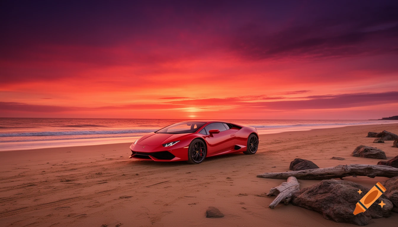 A red Lamborghini sports car on a sandy beach, with a vibrant red and orange sunset over the ocean.