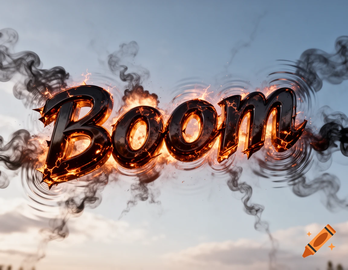 The word 'Boom' in stylized black metal, cracked and glowing with fire, surrounded by swirling black smoke against a pale sky.