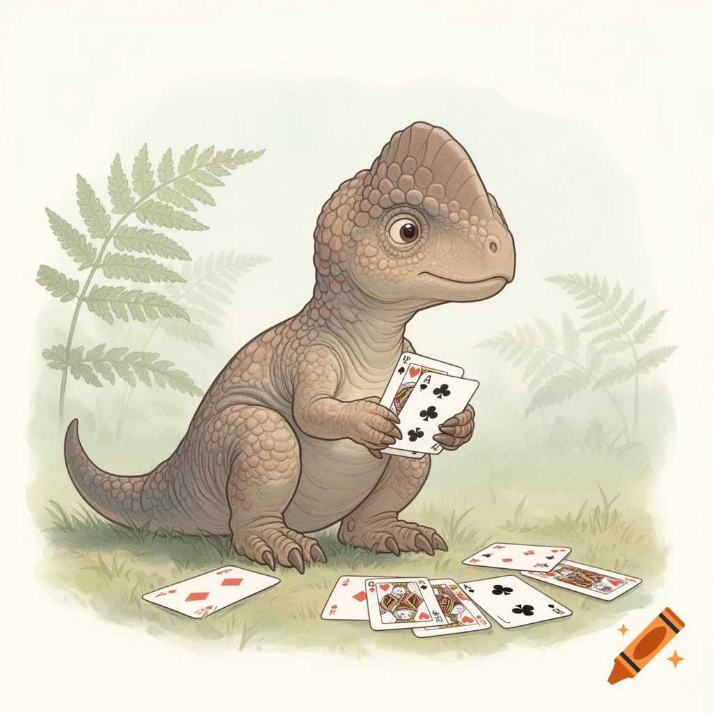 A cute, brown Pachycephalosaurus baby sits on grass, holding playing cards, with more cards scattered around it. Illustrated in a clean lineart style.