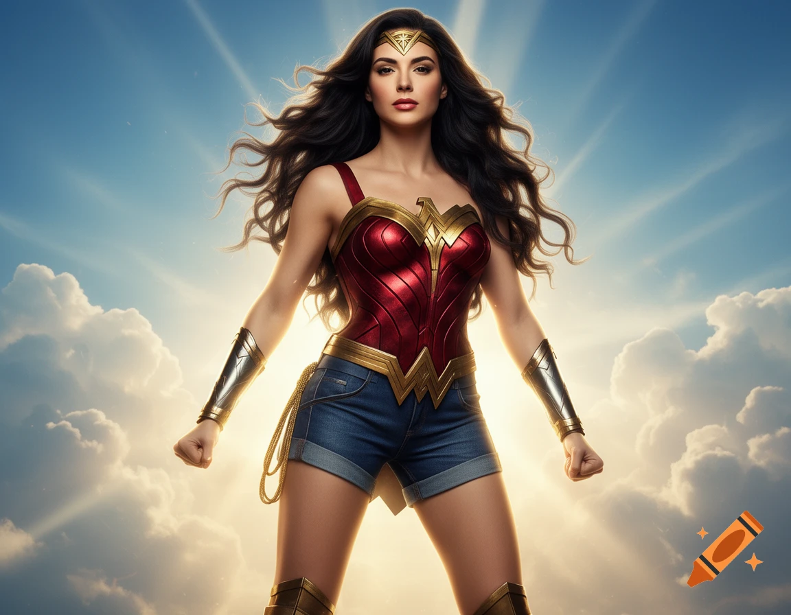 Wonder Woman in jorts and a red strap top stands heroically against a bright, cloudy sky with sun rays.
