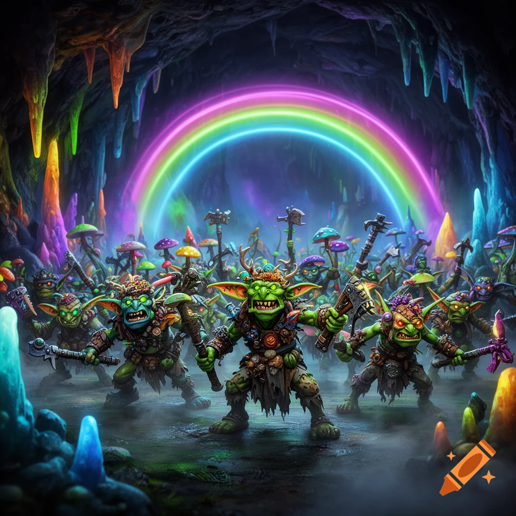 A group of green goblins armed with weapons in a vibrant, colorful cave with a glowing rainbow overhead.