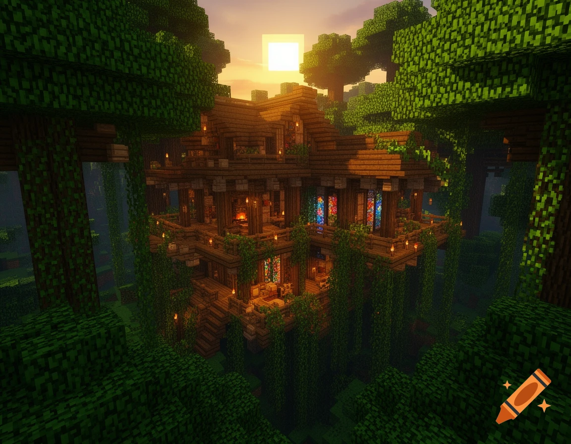 A large, multi-level wooden house with stained glass windows and glowing lanterns, built high in a dense, blocky Minecraft jungle at sunset.