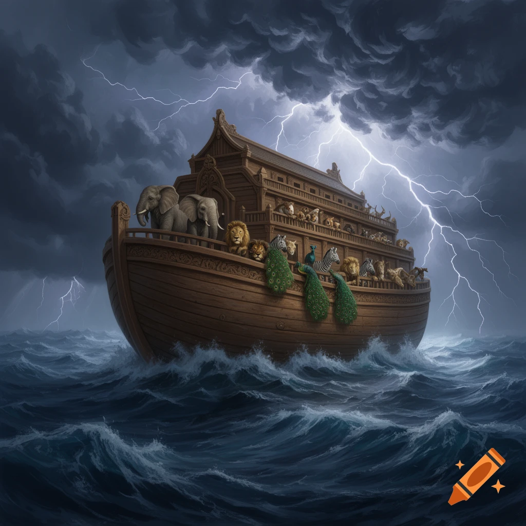 Noah's Ark, a wooden boat packed with pairs of animals, floats on a turbulent ocean under a lightning-filled, stormy sky.
