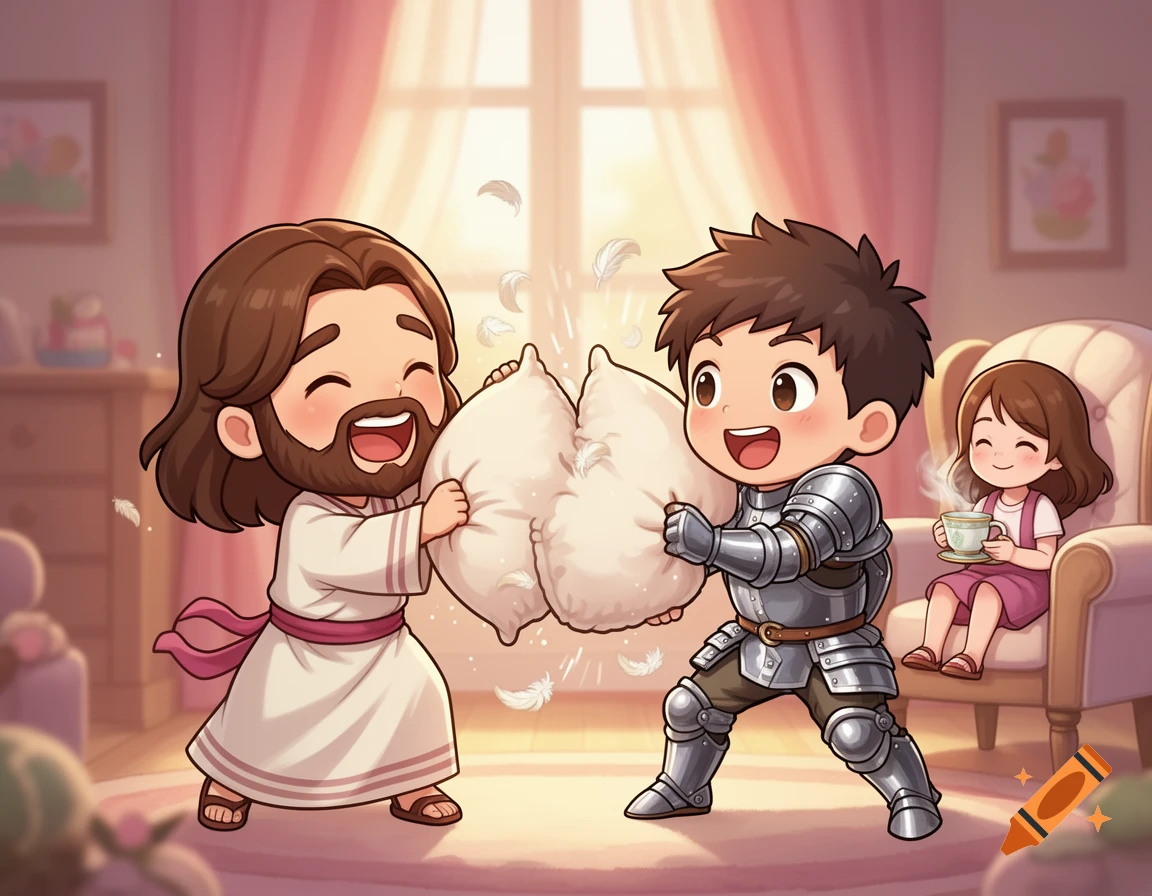 Chibi cartoon of Jesus having a pillow fight with a boy in knight armor, while a girl sips tea in a cozy room.