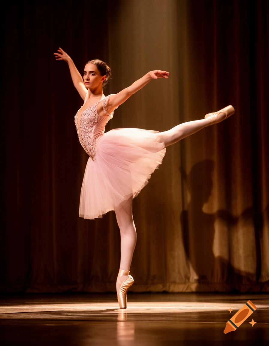 A photorealistic image of a ballerina in a pink tutu and pointe shoes, performing on a spotlighted stage.