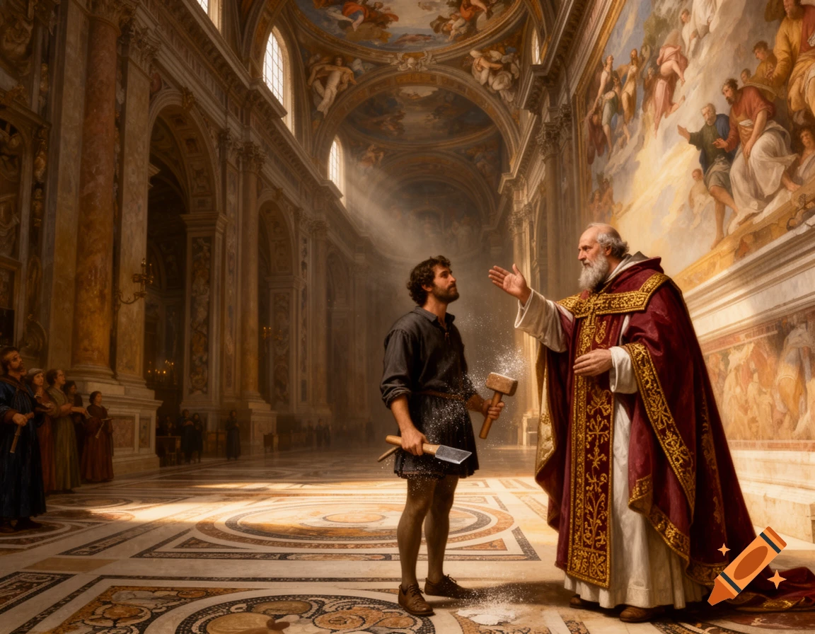A bearded Pope in ornate red robes gestures to a younger man with sculptor's tools, covered in white dust, in a grand, sunlit church.