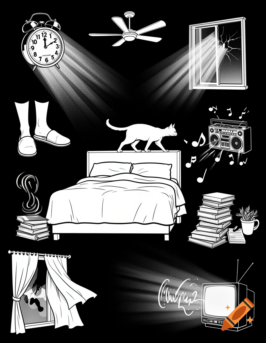 Black and white clipart illustration of a bedroom with various objects representing sleep disturbances, including an alarm clock, broken window, fan, cat, boombox, books, and TV.