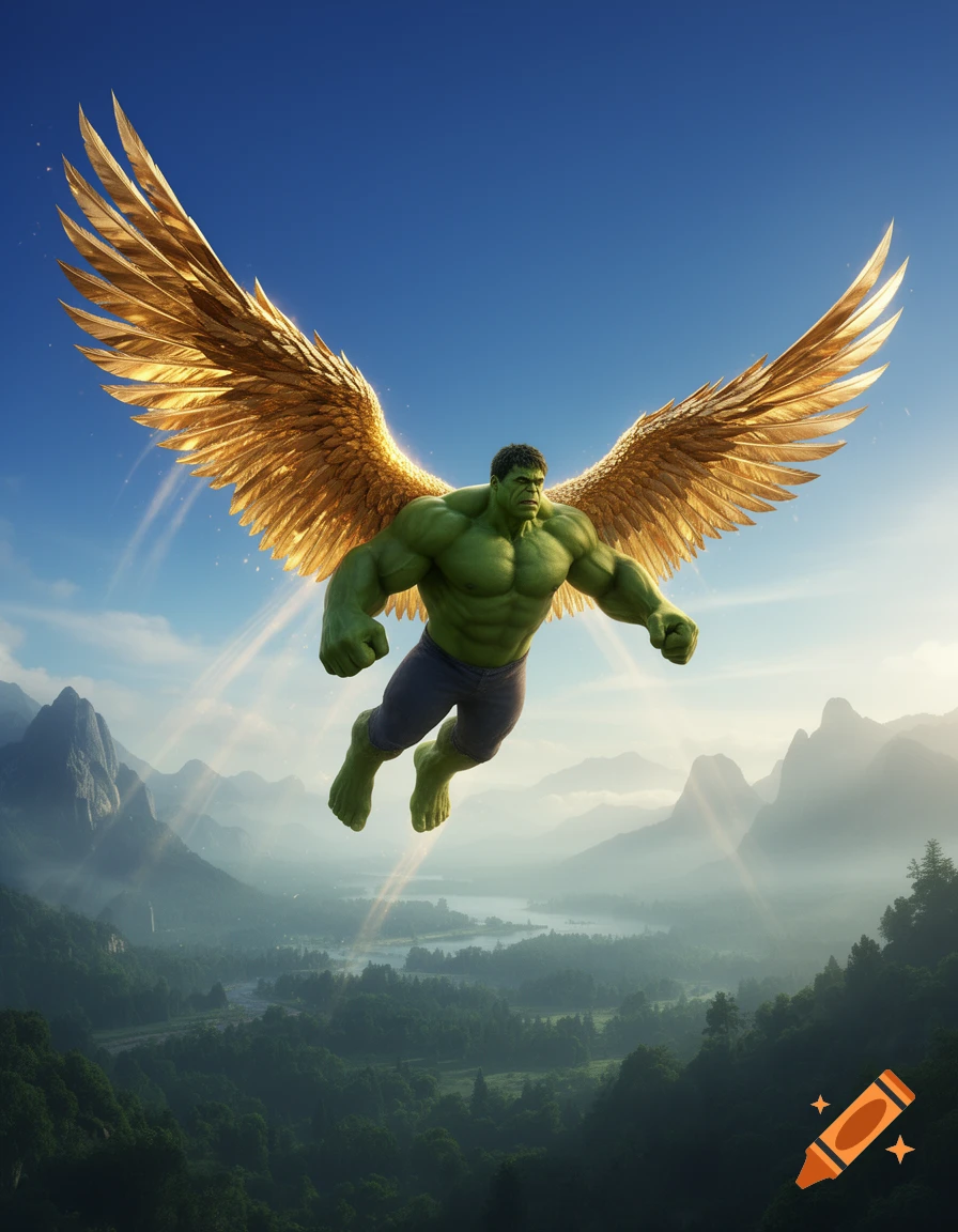 The Incredible Hulk with large golden wings flies over a lush mountain valley under a clear blue sky in a photorealistic style.