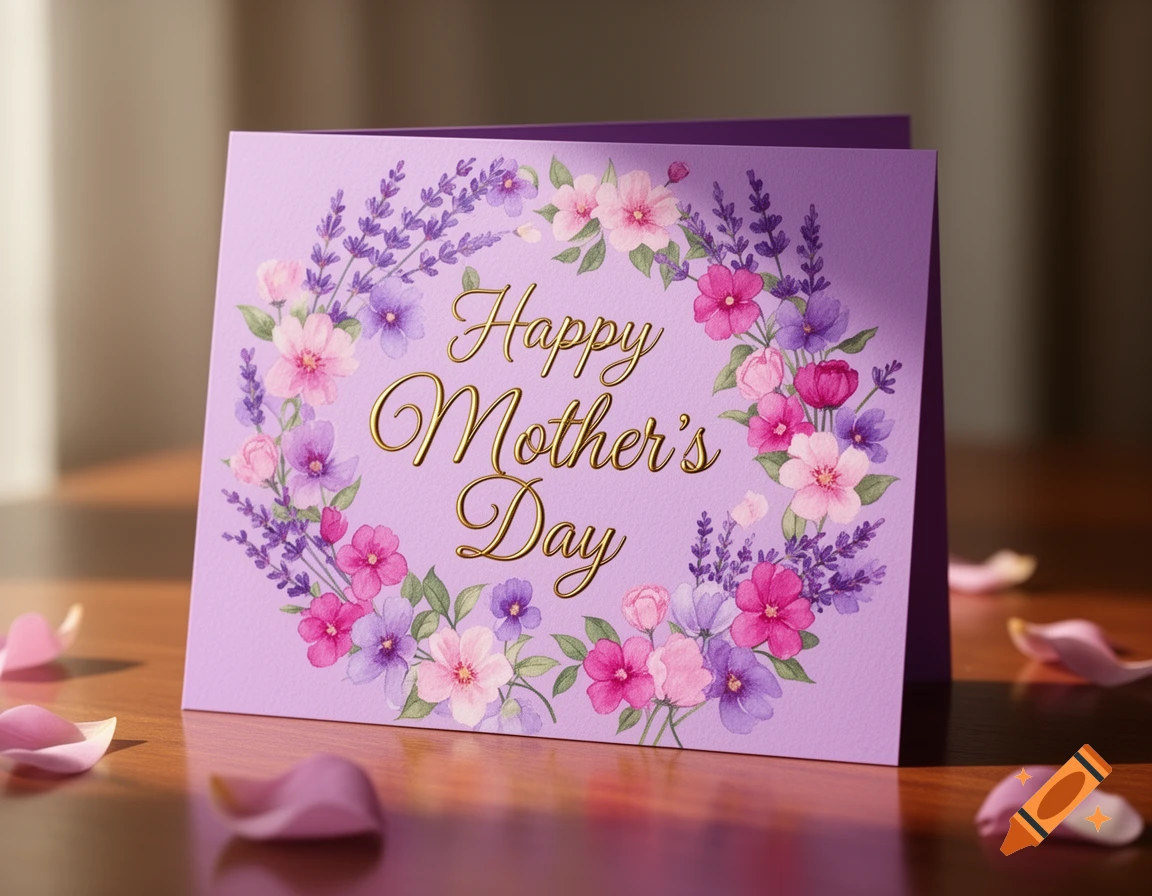 Purple Mother's Day card with 'Happy Mother's Day' in gold script, surrounded by pink and purple watercolor flowers on a wooden table with scattered petals.