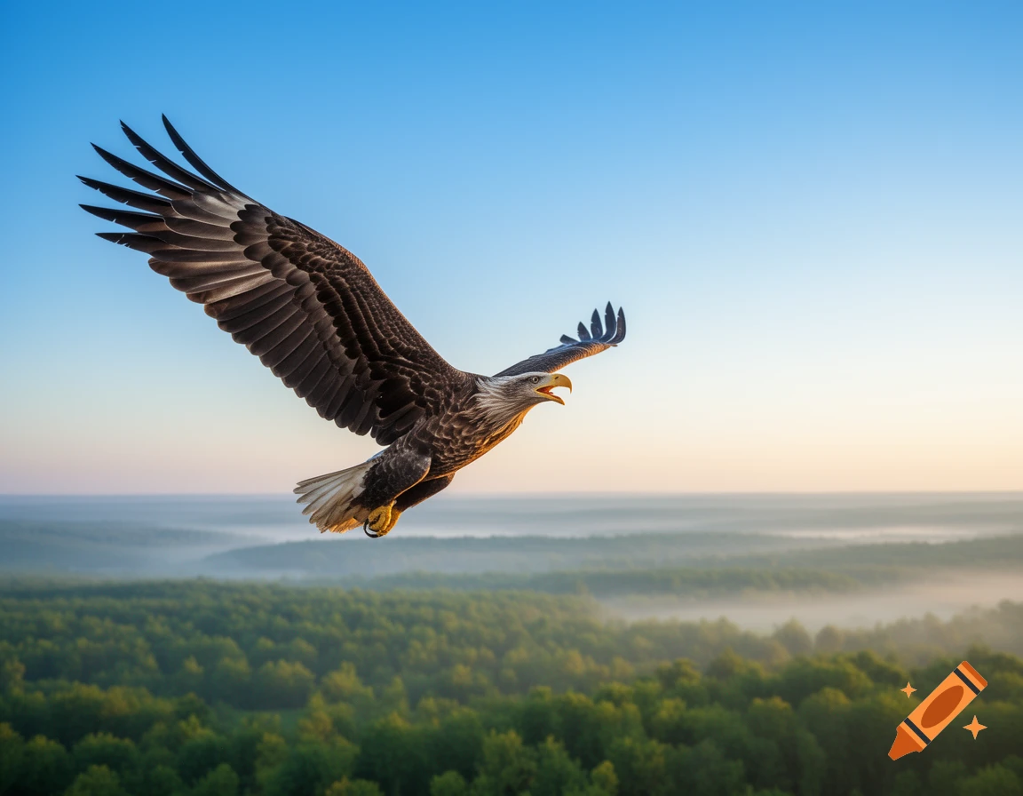 A majestic bald eagle soars with outstretched wings over a misty green forest at sunrise.