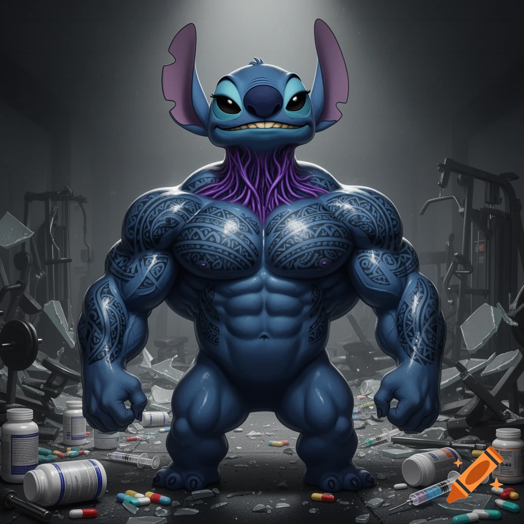 A super muscular, heavily tattooed blue Stitch bodybuilder stands in a destroyed gym surrounded by pills and syringes, with an arrogant smile.
