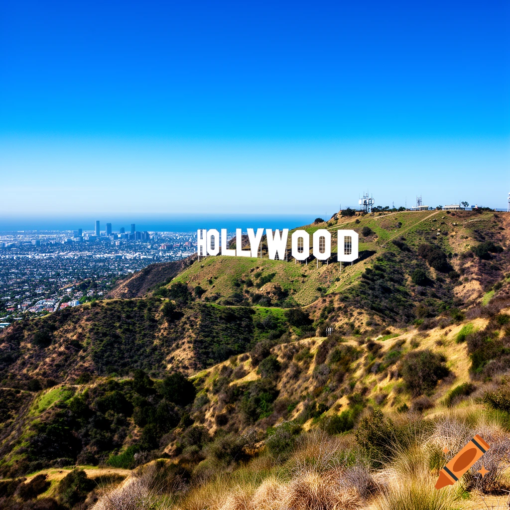 Photorealistic view of the white Hollywood sign on a sunny green hill, overlooking a distant cityscape and ocean under a clear blue sky.