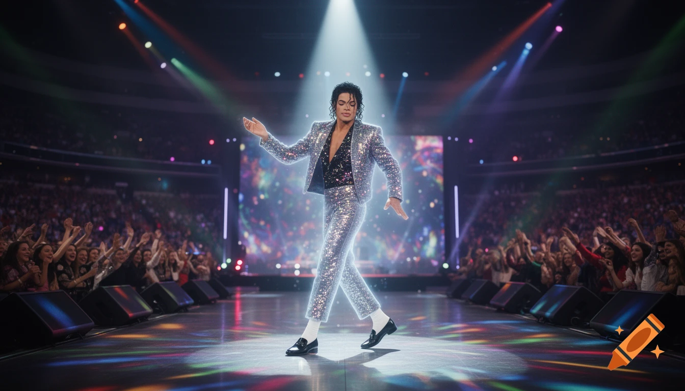 A Michael Jackson hologram performs in a shimmering suit on a concert stage, illuminated by spotlights, before a cheering crowd.