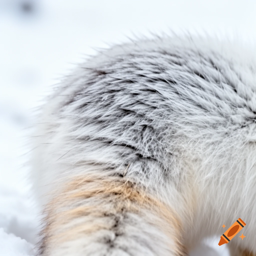 Close-up photorealistic shot of white, grey, and beige animal fur against a soft, snowy background.