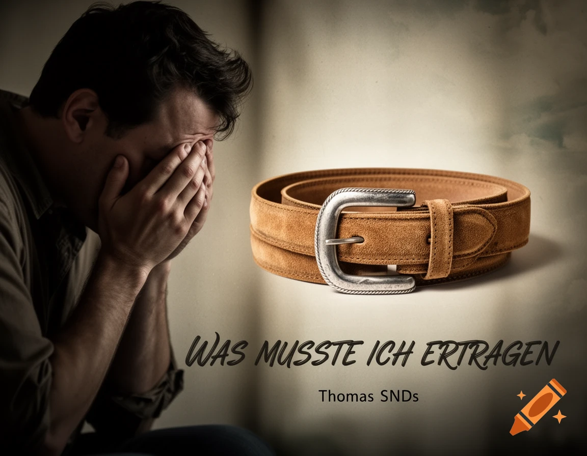 A distressed man covers his face in a dark room, while a brown suede belt lies nearby with German text "WAS MUSSTE ICH ERTRAGEN".