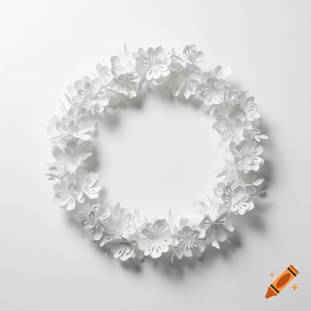 A minimalist white paper-cut flower wreath on a white background, viewed from above.