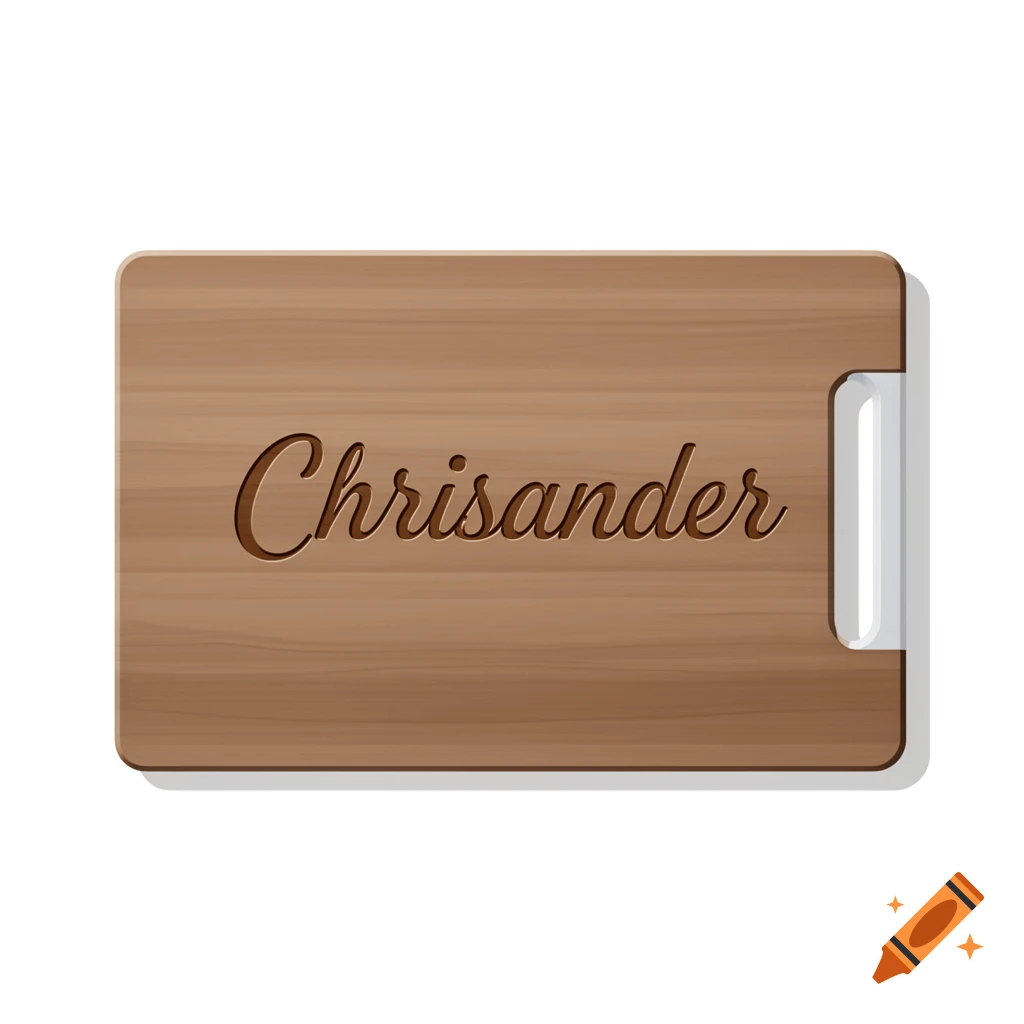 An illustration of a rectangular wooden cutting board with the name Chrisander engraved on it and a handle cutout on the right side.