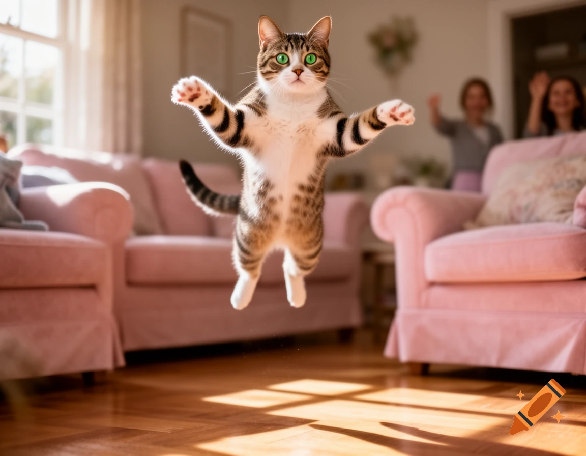 A photorealistic tabby cat with green eyes jumps mid-air in a brightly lit living room with pink sofas.
