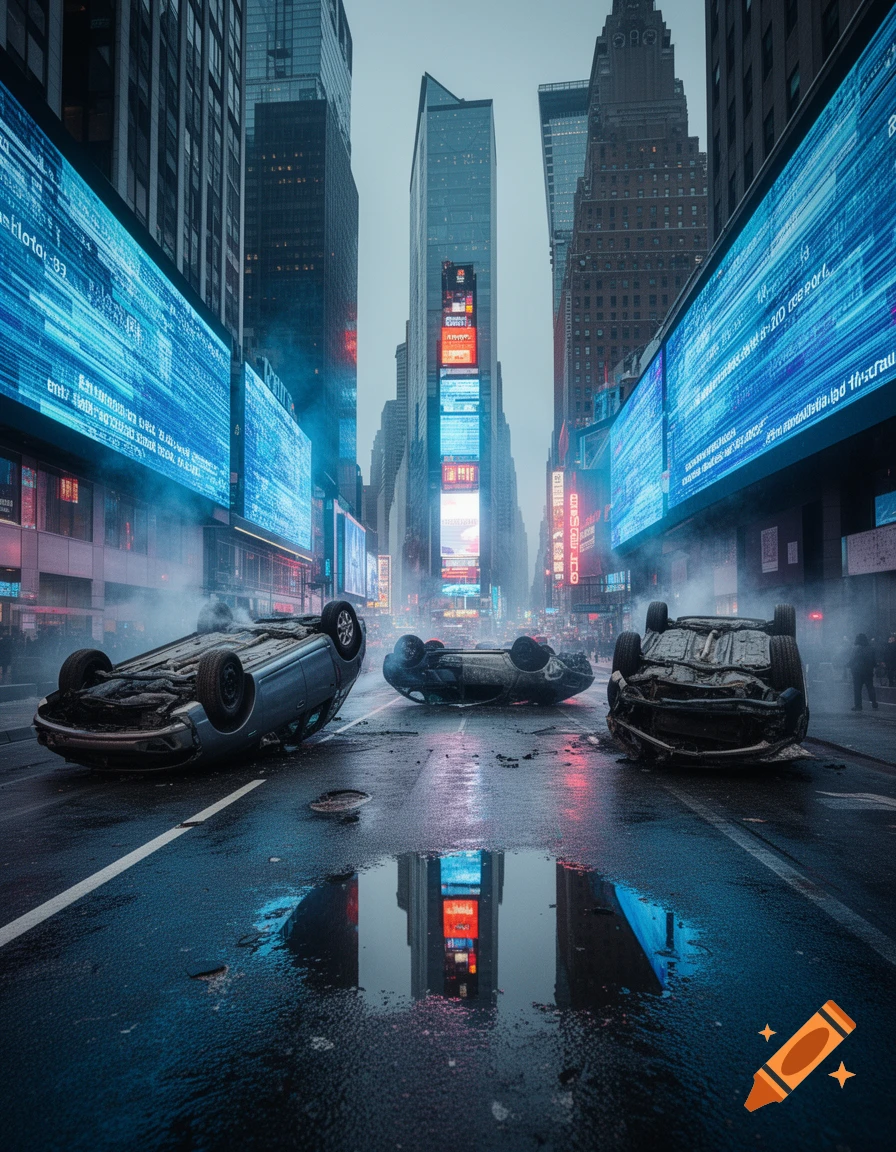 A chaotic, dark, and smoky Times Square scene with three overturned cars on a wet street. Buildings with large, blue-lit error screens line the street, reflecting in puddles.